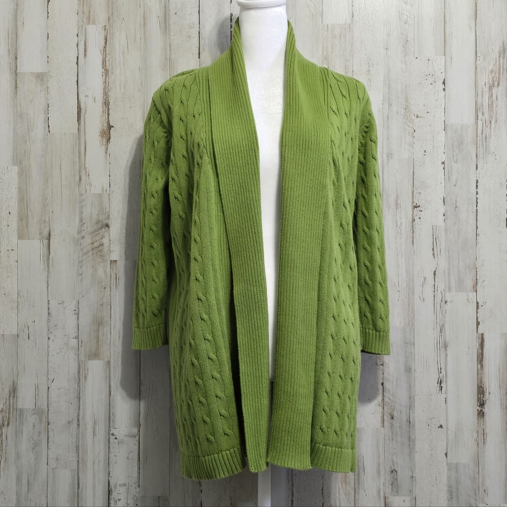 Classic Elements Green 3/4 Sleeve Cable Knit Open Front Cardigan Size Small